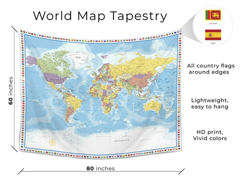World Map Tapestry Wall Hanging For Kid Friendly Classrooms With Country Flags Educational Geography Wall Art 60x80 Inches shown with size and details.
