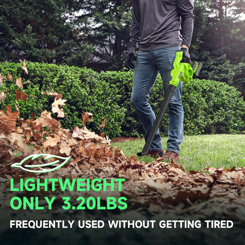 Person using Cordless Leaf Blower With Battery And Charger, 20V Electric Blower Delivers 120 MPH Power on leaves in yard.