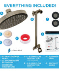 Image of all components included with Round Rain Shower Head With Extension Arm Height Adjustable High Pressure Performance Easy 1 Minute Installation 6 Inch Brushed Nickel Finish Luxury Spa Shower Upgrade For Strong Consistent Water Flow, including shower head, arm, washers, and accessories.