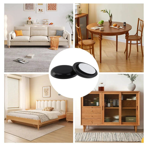 Collage of furniture scenes featuring 20 Pack Round Furniture Sliders 1.5 Inch Self Adhesive Floor Protectors for Sofas, Tables, and Heavy Furniture PTFE Rubber Anti Scratch Coasters Cushioned Glide on Carpet and Hardwood Floors 7mm Thick.