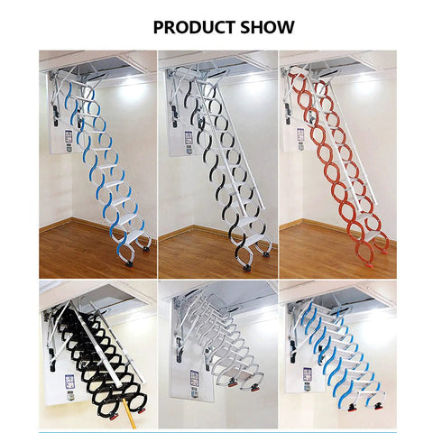 Heavy Duty Electric Attic Ceiling Ladder With Telescopic Stairs And Non Slip Folding Steps in various colors displayed.
