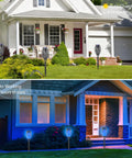 Day and night view of Blue Solar Torch Lights Set, 8 Pack Outdoor LED Tiki Torches With Realistic Flickering Flame, 12 LEDs.