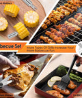 Barbecue set with 34 pieces in bag; stainless steel tools, corn holders, skewers, kitchen shears, oil brush, gloves.