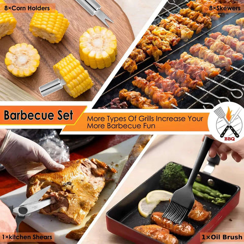 Barbecue set with 34 pieces in bag; stainless steel tools, corn holders, skewers, kitchen shears, oil brush, gloves.