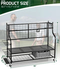 Four Golf Bag Storage Organizer Stand dimensions with metal frame and mesh shelves for garage and basement use.
