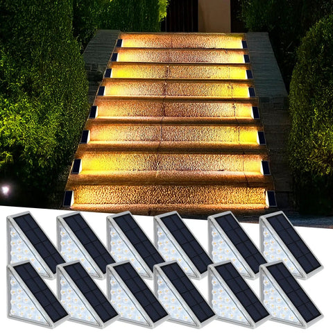 Solar LED Step Lights For Outdoor Stairs Waterproof IP67 Weatherproof Dope Warm White Deck Lights 12 Pack illuminating steps