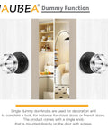 Two Pack Glass Black Dummy Door Knobs With Crystal Clear Interior Trim installed on white doors in a hallway view