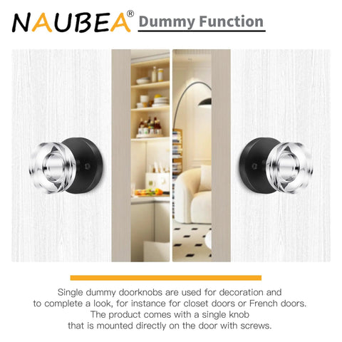 Two Pack Glass Black Dummy Door Knobs With Crystal Clear Interior Trim installed on white doors in a hallway view