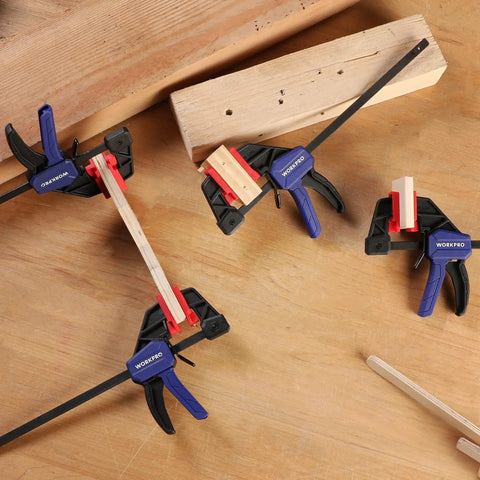 6 Inch Mini Bar Clamps For Woodworking, One Handed F Clamps And Spreaders, 4 Pack With 50 Lb Load, Throat One And A Half Inches, Screw Reverses To Convert To Spreader For Tight Glue Ups For Diyers on wood pieces