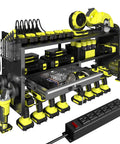 Power Tool Organizer Wall Mount With Drill Holder, Grinder Bracket, Hammer And Pliers, Locking Drawer, 6 Outlet Charging Rack For Garage And Workshop, Pro Grade Heavy Duty Metal Tool Storage, Yellow with tools and drawer detail view.