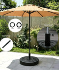 Outdoor scene with water filled 55 lb patio umbrella base stand heavy duty round outdoor base with UV stabilized polymer construction and corrosion resistant steel tube, easy to fill and move when empty.