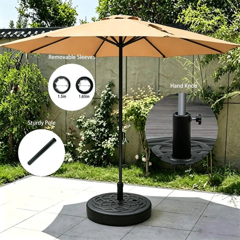 Outdoor scene with water filled 55 lb patio umbrella base stand heavy duty round outdoor base with UV stabilized polymer construction and corrosion resistant steel tube, easy to fill and move when empty.