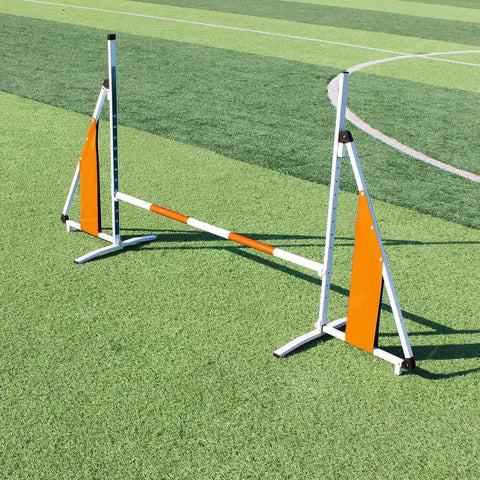 Adjustable Dog Agility Training Kit With Foldable Aluminum Obstacle Course on grass, height adjustable from 15cm to 65cm