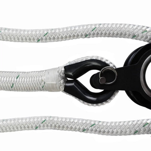 Close-up of Deluxe Fiddle Block Kit with anodized aluminum uni-body frame, rope and built-in cleat for tree pulling.