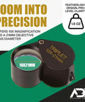10x21 Triplet Professional Loupe for Jewelry, Coins, Geology, with leather case, magnifying lens close-up