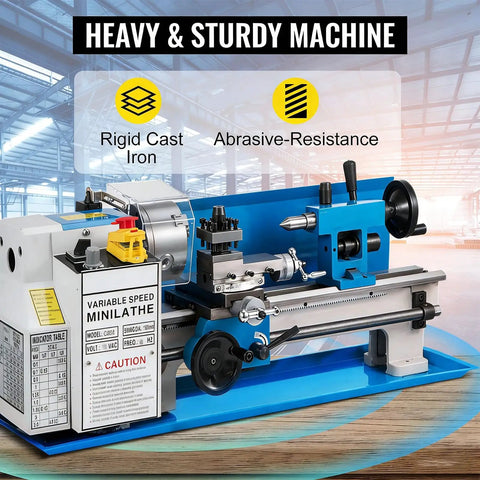 Badass Seven By Fourteen Inch Bench Top Metal Lathe With Zero To Two Thousand Five Hundred Variable Speed Revolutions Per Minute And Four Inch Three Jaw Chuck for sturdy metalwork.