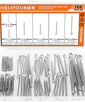 Front view of HELIFOUNER 100-piece 304 stainless steel cotter pin kit in a plastic case