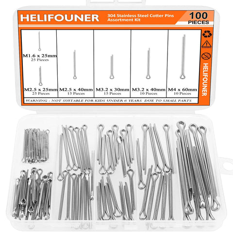 Front view of HELIFOUNER 100-piece 304 stainless steel cotter pin kit in a plastic case