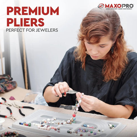 Five Piece Needle Nose Pliers Set With Anti Slip Comfort Grips For Jewelry Making Includes Round Nose Toothless Needle Nose Flat Nose Diagonal And Toothed Needle Nose Pliers In Durable Pouch Made From Nickel Plated Carbon Steel shown with woman crafting jewelry using pliers at workspace
