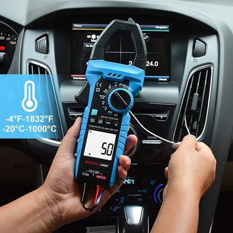 Person using Pro Grade Inrush Clamp Meter Multimeter 1000A True RMS 6000 Counts AC DC Current And Voltage Tester in car dashboard