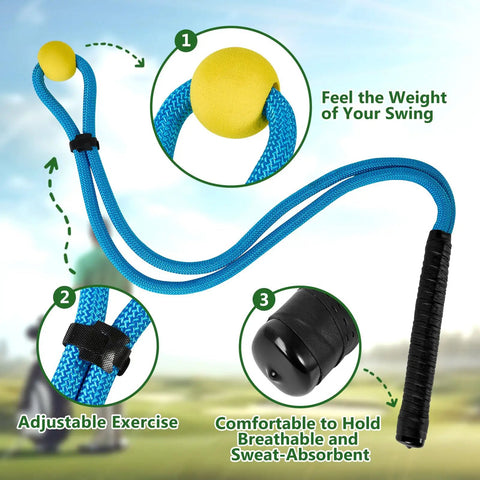 Rope Golf Swing Trainer Set For Indoor And Outdoor Practice With Swing Correcting Arm Band And Weighted Ball Blue Improve Swing Tempo Power And Consistency Like A Pro showing blue rope with yellow ball and black handle.