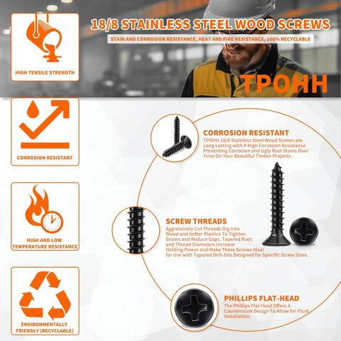 18/8 Stainless Steel Wood Screws with black oxide coating, ideal for corrosion resistance and tough outdoor projects.