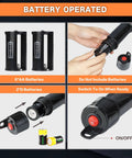 Top Shelf Battery Powered Gas Transfer Pump, 2.2 GPM Portable Fuel And Water Siphon Hand Pump Featuring 3 Ft Hose With Locking Safety Clip For No Sweat Liquid Transfers, battery compartment and battery types.