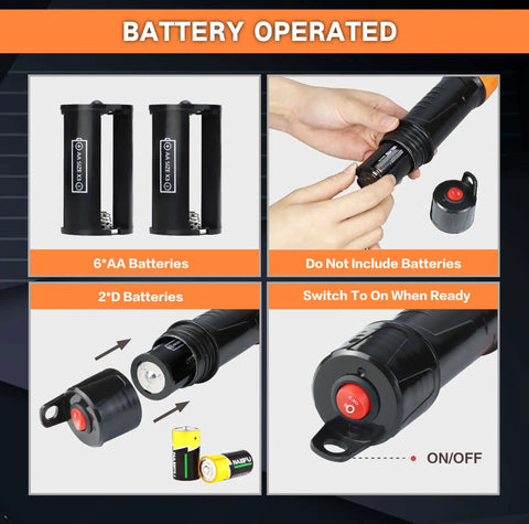 Top Shelf Battery Powered Gas Transfer Pump, 2.2 GPM Portable Fuel And Water Siphon Hand Pump Featuring 3 Ft Hose With Locking Safety Clip For No Sweat Liquid Transfers, battery compartment and battery types.