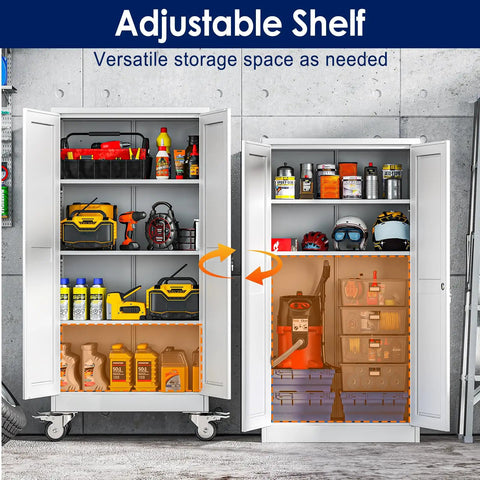 Open Rolling Metal Garage Storage Cabinet With Locking Doors And Wheels Tough As Nails Tool Locker With 3 Adjustable Shelves For Garage Office Home Or Gym White showcasing adjustable shelves and assorted tools inside