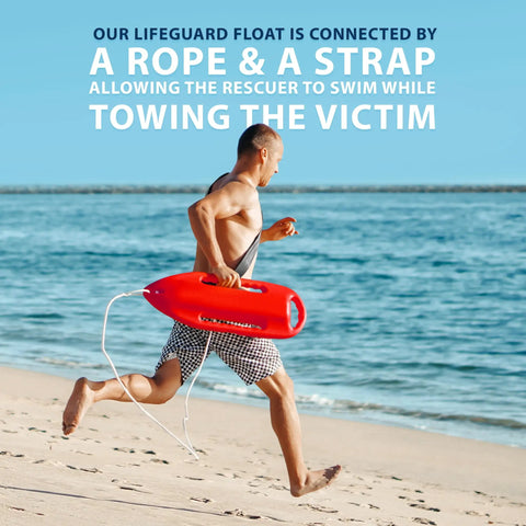 Top Shelf Lifeguard Rescue Can Featuring Secure Three Hole Handle And Sleek Torpedo Shape, a lifeguard running on the beach.
