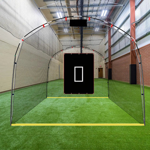 Baseball Softball Batting Cage Backstop With 4 By 6 Foot Strike Zone Target Cloth in indoor practice facility
