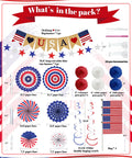 Patriotic Decorations Bundle for Veterans Day and Fourth of July with paper fans, poms, flags, and a Love USA banner illustration.