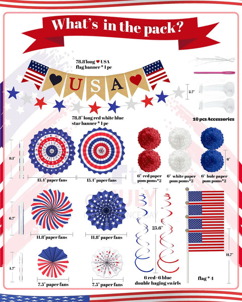 Patriotic Decorations Bundle for Veterans Day and Fourth of July with paper fans, poms, flags, and a Love USA banner illustration.