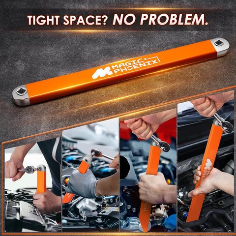 Offset Extension Wrench With Zero-Degree Swing For Tight Spaces, 15.4 Inch Reach, 3/8 Inch Drive, shown in use in engine bays