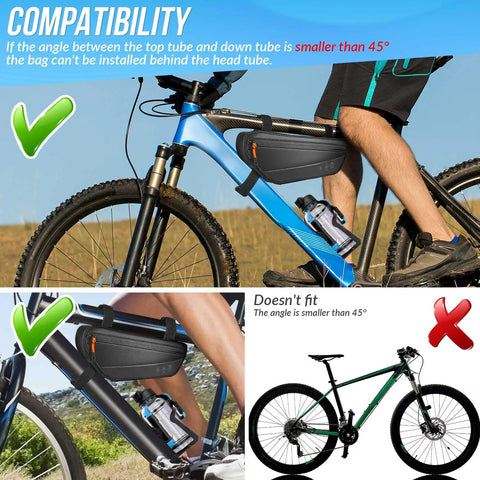 Waterproof Triangle Bike Bag With Side Pocket And Reflective Under Tube Storage attached to mountain bike frame.