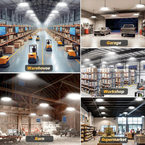 Multiple industrial spaces lit by 400W UFO LED High Bay Light with 60,000 Lumens Industrial Shop Lighting IP65 Waterproof.