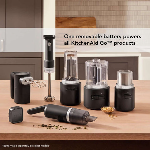 Cordless Hand Blender With 12 Volt Battery Operated Kitchen Tool Lightweight Smoothie Wand For Purees And Dices Easily Ditch Pesky Wires, featuring various kitchen accessories.