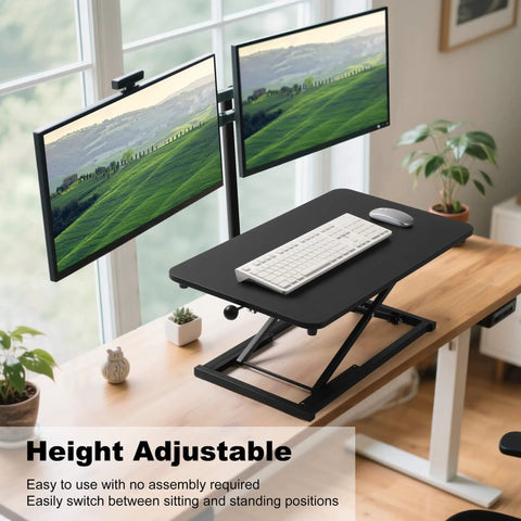 Standing Desk Converter With Adjustable Height Keyboard Riser For Stand Up Desks And Ergonomic Sit Stand Workstations, Big 23.6 Inch Desktop Surface in Black on desk with dual monitors