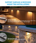 Easy Install 7 Inch LED Hardscape Light With 5CCT Adjustable Output illuminating wooden steps and stone wall.