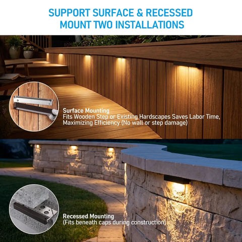Easy Install 7 Inch LED Hardscape Light With 5CCT Adjustable Output illuminating wooden steps and stone wall.