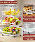 3-Tier Rolling Pantry Cart With Wheels For Kitchen Organization And Storage, filled with fruits and vegetables in white wire baskets.