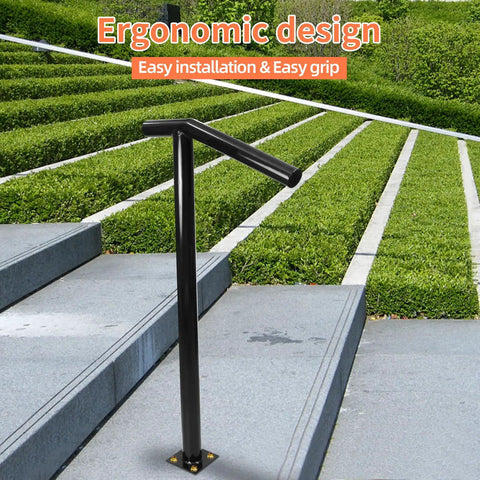 Super Solid Single Post Stair Handrail Built Heavy Duty For Outdoor Steps With Ergonomic Handles on stone steps with greenery.