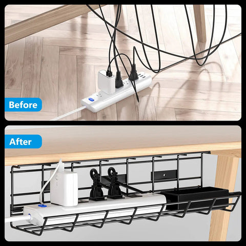 Before and after of cables organized with 2 Pack Under Desk Cable Management Tray Set, Heavy Duty Metal Cord Organizer For Desk, Easy Install