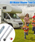 All In One RV Water Heater Maintenance Kit With 4 Piece Anode Rod Electric Heater Element Dual Hex Wrench And Tape Replacement Kit For Suburban RV Parts Road Trip Ready Hot Water Upgrade With No Fuss, shown with family and RV.