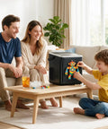 Portable Countertop Ice Maker Featuring Modular Swappable Blocks And Instant Six Minute Freeze Cycles Generating Twenty Six Pounds Of Fresh Ice Daily For Zero Hassle Super Chill Vibes in a cozy living room.