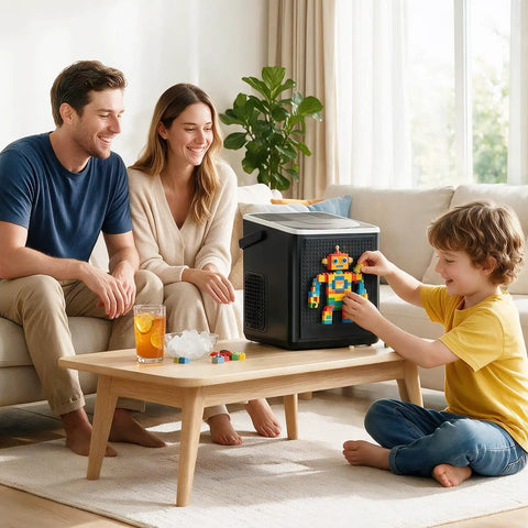 Portable Countertop Ice Maker Featuring Modular Swappable Blocks And Instant Six Minute Freeze Cycles Generating Twenty Six Pounds Of Fresh Ice Daily For Zero Hassle Super Chill Vibes in a cozy living room.