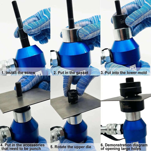 Six-step process of using the Pro Grade Hydraulic Knockout Punch Driver Kit With Six Dies, showing blue tool setup and operation on metal.