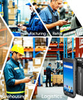 Rugged Android 12 Barcode Scanner Handheld Mobile Computer With Octa Core 2.0GHz 1D 2D QR Code NFC Reader shown in warehouse, retail, logistics settings.