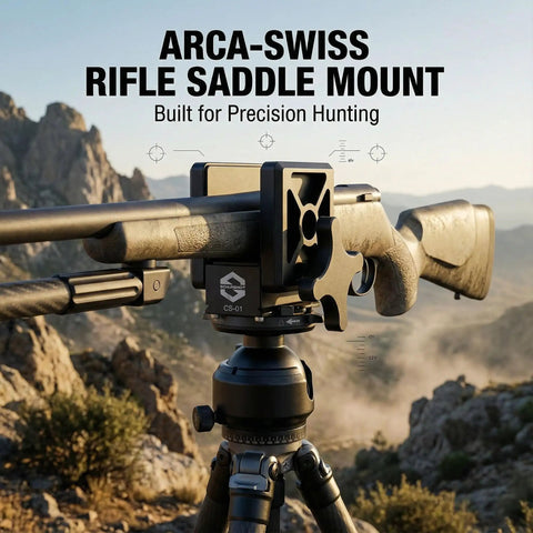 Rifle Saddle Mount for Hunting Tripod with Integrated Arca Base and CNC Aluminum Beefy Clamp Adjustable Rest outdoors.