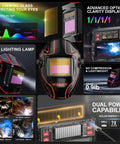 Auto Darkening Welding Helmet With Intelligent Light Pro Grade Full Digital Filter True Color Welding Mask Hood Rechargeable Battery Wide Shade Range 3 To 5 9 To 9 13 For TIG MIG MMA Grind Cut Lock showcasing features.